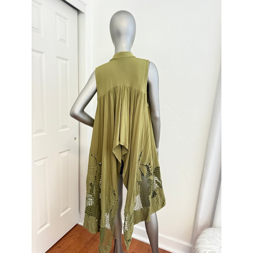 Anthropologie Marrakech Olive Green Lace Cut Out Cropped High Low Vest Bohemian - Picture 2 of 10